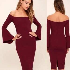 Lulu’s All She Wants burgundy off shoulder dress